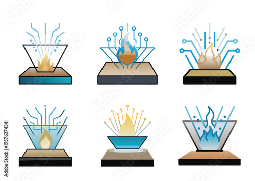 Stylized images of flames connected to digital networks and data streams