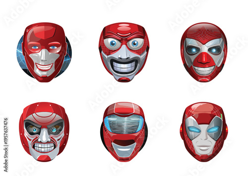 Six Red and Silver Superhero Masks with Different Emotional Expressions and Tech