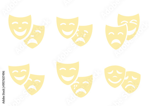 Variety of theatrical masks representing different emotions happy, sad, and thoughtful