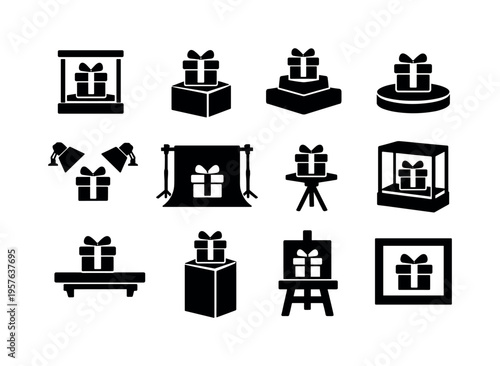 Solid vector icons of gift presentation setup: display box, pedestal, riser, turntable, spotlight, backdrop, stand, showcase,