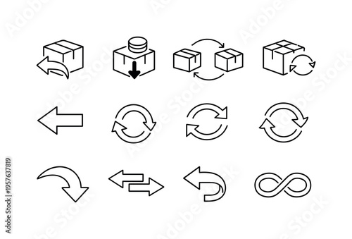 Line style vector icons of product return: return, refund, exchange, reverse; box, parcel, package, item; arrowback, rotate, undo