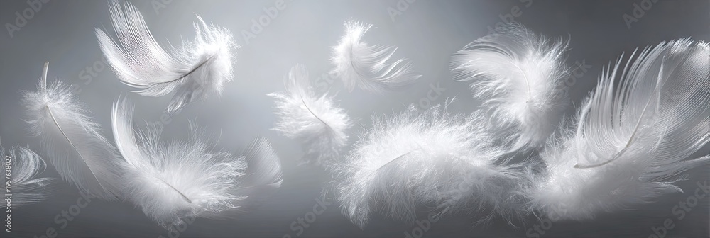 Fototapeta premium Floating white feathers against a soft gradient background for tranquil imagery