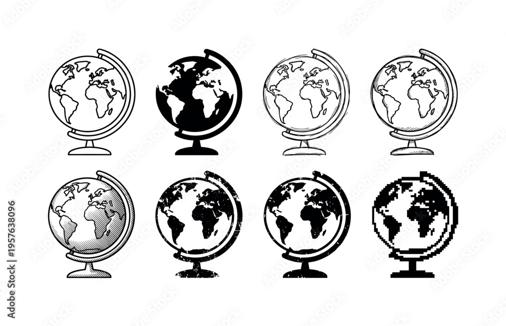 Obraz premium Collection of diverse globe illustrations representing different artistic styles and digital formats
