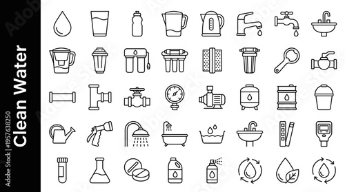 Collection of clean water icons and symbols for plumbing and purification systems