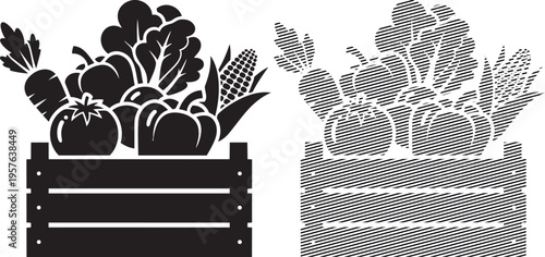 Two vintage-style wooden crates filled with fresh vegetables and herbs.