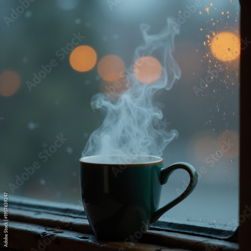 Warm Tea with Rain Falling Outside the Window. Generative ai.