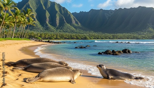 Monk seals bask on sandy tropical beach with palm trees and mountain range
