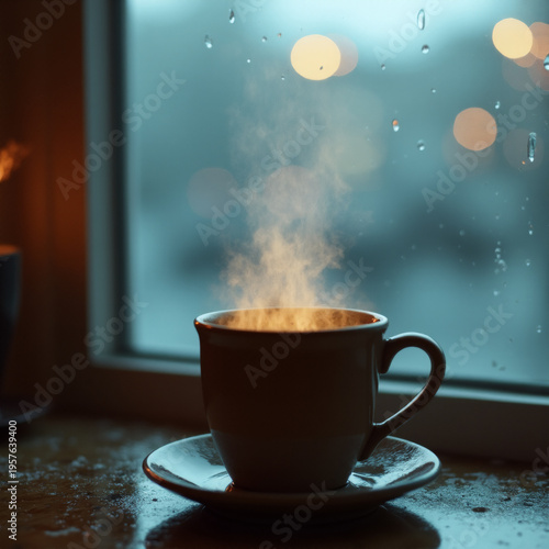 Hot Coffee by the Window on a Rainy Day. Generative ai.