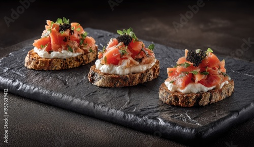 Gourmet appetizers delicious bruschetta with salmon and cream cheese