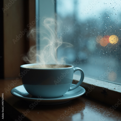 Hot Coffee by the Window on a Rainy Day. Generative ai.