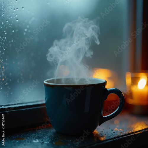 Hot Coffee by the Window on a Rainy Day. Generative ai.
