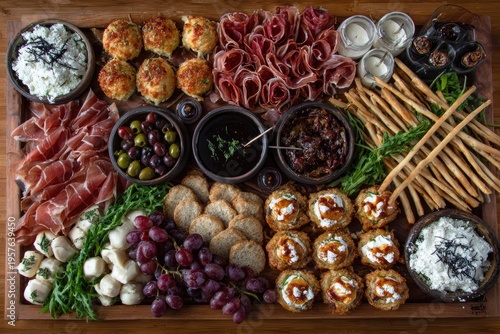 Gourmet charcuterie board assortment overhead view delicious food arrangement