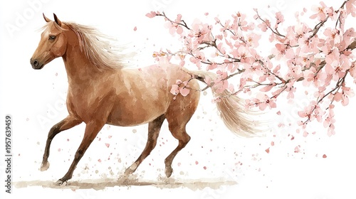 Graceful horse running near blossoming cherry tree watercolor illustration