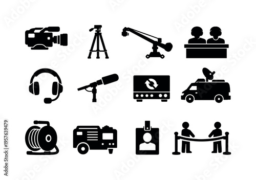 Solid vector icons of sports broadcasting: broadcast camera, tripod stand, camera crane, commentary booth, headset headphone,