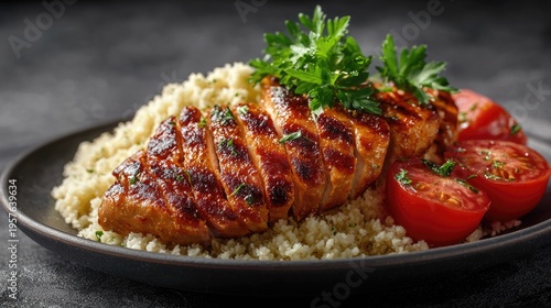 Grilled chicken breast with couscous and tomatoes on a dark plate