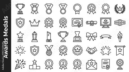 Collection of line art icons representing awards, medals, trophies, and achievements