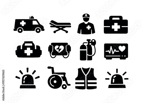 Ambulance Service Icons. Solid vector icons of ambulance service: ambulance, stretcher, paramedic, first aid kit, medical bag,