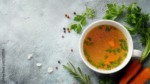 Healthy broth in white ceramic cup with fresh herbs and vegetables