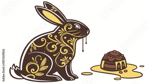 Ornate chocolate bunny illustration with gold filigree, decorative Easter rabbit SVG, gourmet chocolate truffle candy with caramel sauce