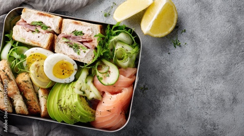 Healthy lunchbox with sandwich egg salmon avocado and vegetables on gray surface