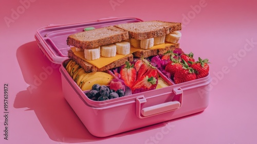 Healthy lunchbox with sandwiches fruits and vegetables on pink background