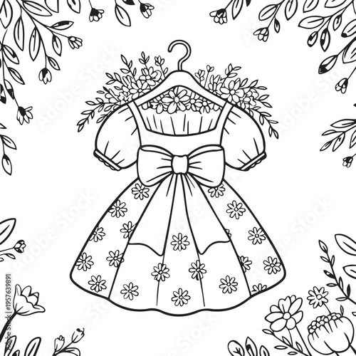 Beautiful coloring page featuring cute floral dress hanging on hanger surrounded by intricate botanical elements and garden flower blooms