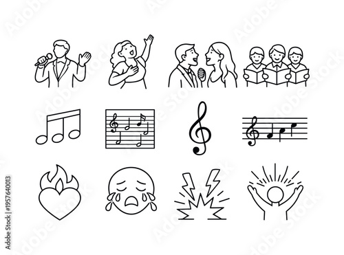 Line style vector icons of dramatic performance mood: singer, aria, duet, chorus; musicnote, score, clef, staff; passion, emotion