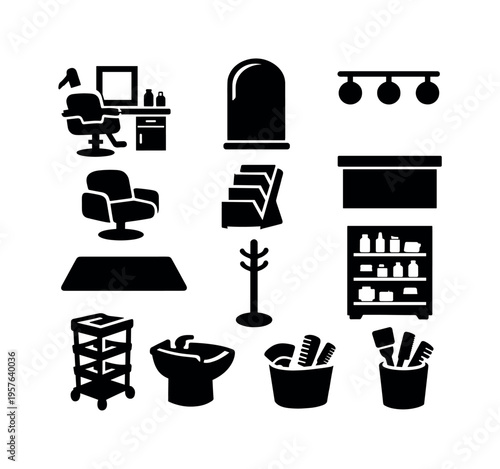 Solid vector icons of hair salon environment: styling station, wall mirror, light fixture, waiting chair, magazine rack,