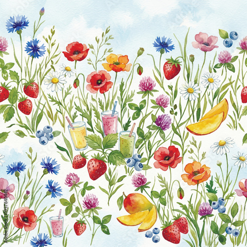 Hand-painted watercolor illustration of a summer meadow with wildflowers, fresh fruit, and healthy smoothies. Seamless floral and food pattern.. Vector illustration