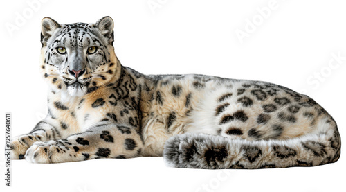 Snow leopard lying down looking at the camera isolated on transparent background