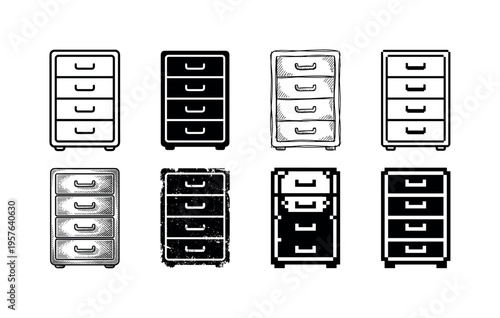 Collection of diverse filing cabinet icons in various artistic styles and formats