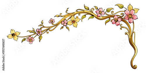 Elegant Art Nouveau floral border with pink and yellow blossoms on golden vines, vector