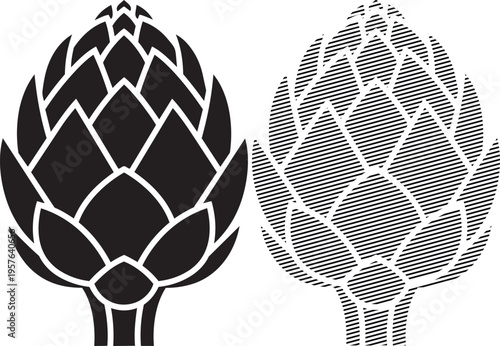 Contrast between traditional and modern artisanal artichoke designs in black and white.