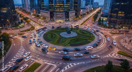 Bustling City Roundabout During Dusk With Busy Traffic Flow And Modern Architecture