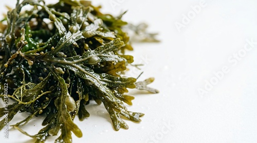 Fresh seaweed on white background. Bladder wrack plant close up. Organic marine algae for healthy nutrition, cosmetic product and dietary supplement. Natural ocean vegetation ingredient.