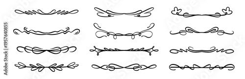 Set of hand drawn decorative divider lines featuring elegant curves, swirls, and organic flourishes. Minimal black line art with varied shapes creates a refined and stylish visual rhythm with subtle a
