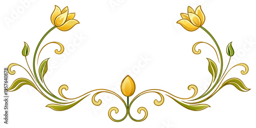 Ornate floral border with yellow tulips and swirls, vector
