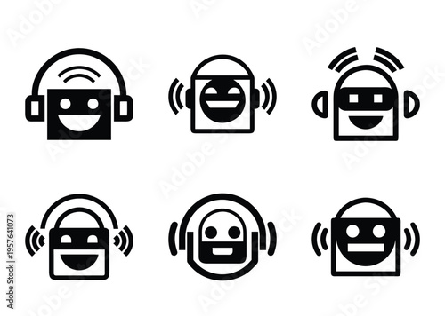 Collection of Six Black and White Emoji Avatars with Headphone and Signal Symbols