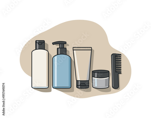 Collection of personal care products including bottles, tube, jar, and comb