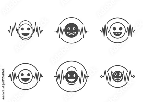 Set of six audio signal emoticons representing frequency, waveform, and emotions