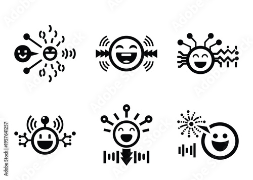 Six distinct icons depicting happy faces with technological elements and connections
