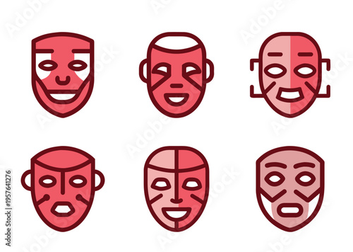 Six stylized theatrical or ceremonial mask icons with expressive features