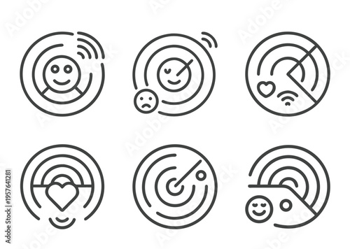 Social radar icon set depicting connections, emotions, and personal relationships concept
