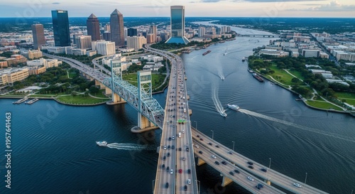 Bustling Cityscape With Bridges And Busy Waterways Under Dusk Sky