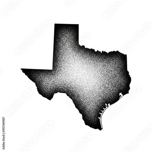 Black and white pixelated outline of the state of texas with an arrow pointing south isolated on transparent background