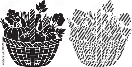 Two intricately woven baskets filled with lush greenery and vibrant flowers