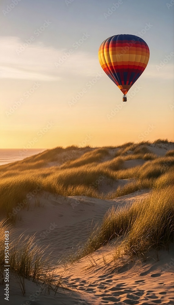 Fototapeta premium Colorful Hot Air Balloon Flying Over Sandy Beach Dunes at Golden Sunset