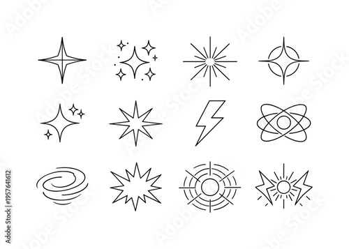 Stellar Light Icons. Line style of stellar light vector icons: glowline, stardust, sparkle, flare; shimmer, twinkle, flash, glint;