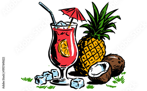 Tropical island vibes. Fruit cocktail art for t shirt print, poster, sticker. Pineapple, coconut, summer refreshment club artwork.