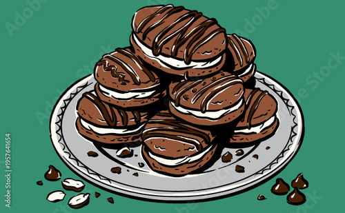 Sweet cravings club. Chocolate cream sandwich cookies, artisan bakery illustration for t-shirt print, poster, sticker, and vector artwork.